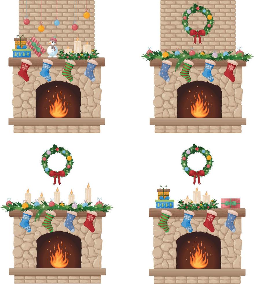 Fireplace. Christmas fireplace with a Christmas wreath and socks for gifts. Fireplace with fire and festive decorations. Vector illustration