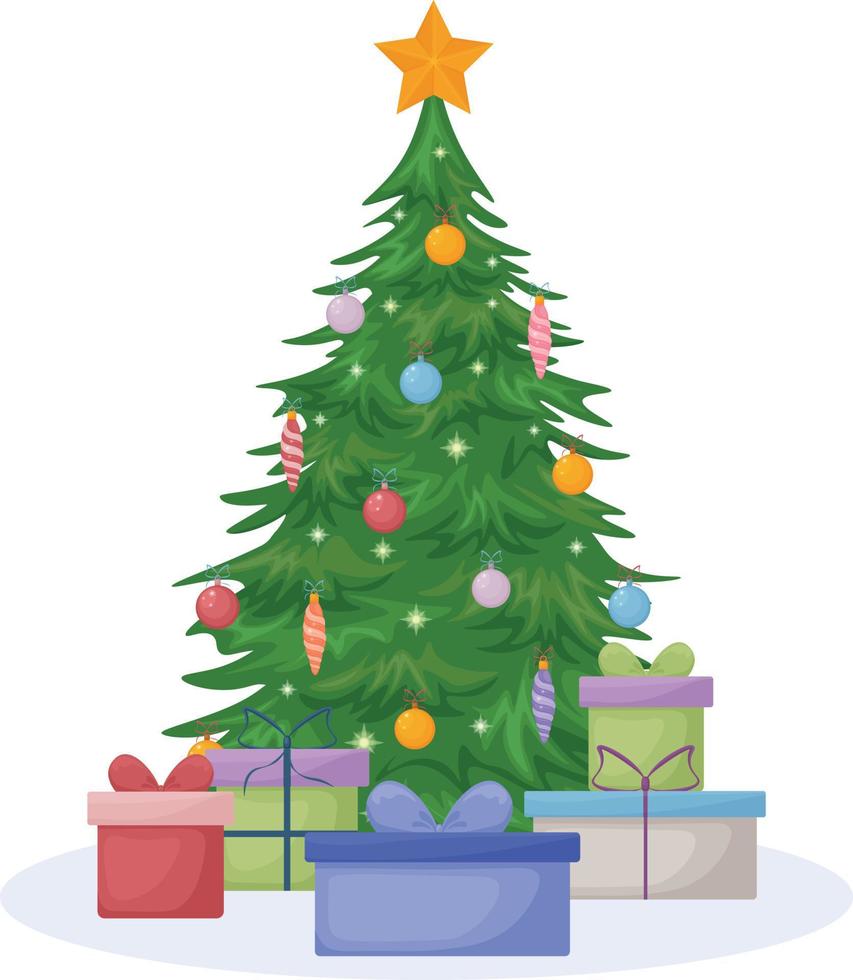 Navidad árbol. un Navidad árbol decorado con globos y juguetes y un estrella. Navidad árbol con regalo cajas festivo nuevo año árbol. vector ilustración aislado en un blanco antecedentes
