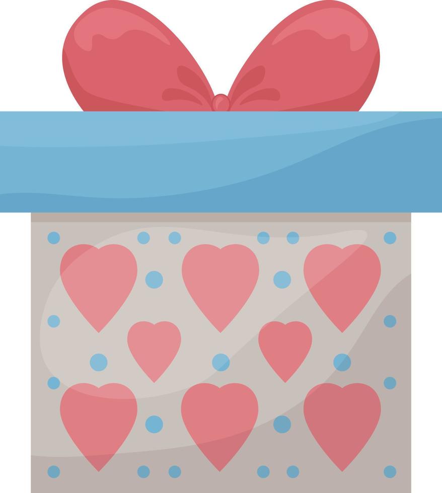 Bright gift box. Festive packaging decorated with the image of red hearts. A box decorated with a bow. Valentine s Day gift box, vector illustration isolated on white background