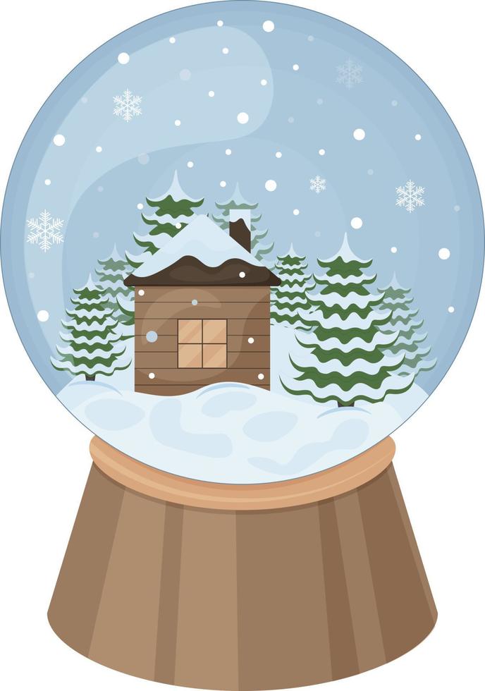 Christmas snow globe in cartoon style. A snow globe with a cozy house in the forest and Christmas trees in the background. A Christmas accessory. A festive toy. Vector illustration