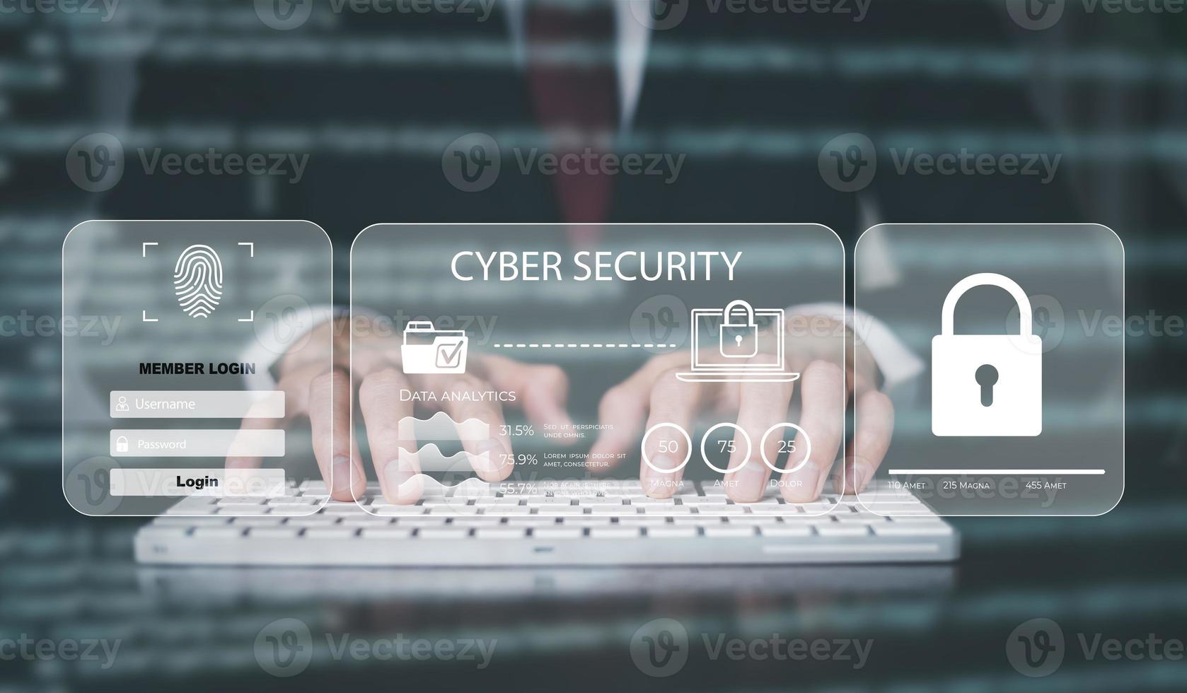 Cyber security and Security password login online concept  Hands typing and entering username and password of social media, log in with smartphone to an online bank account, data protection hacker photo