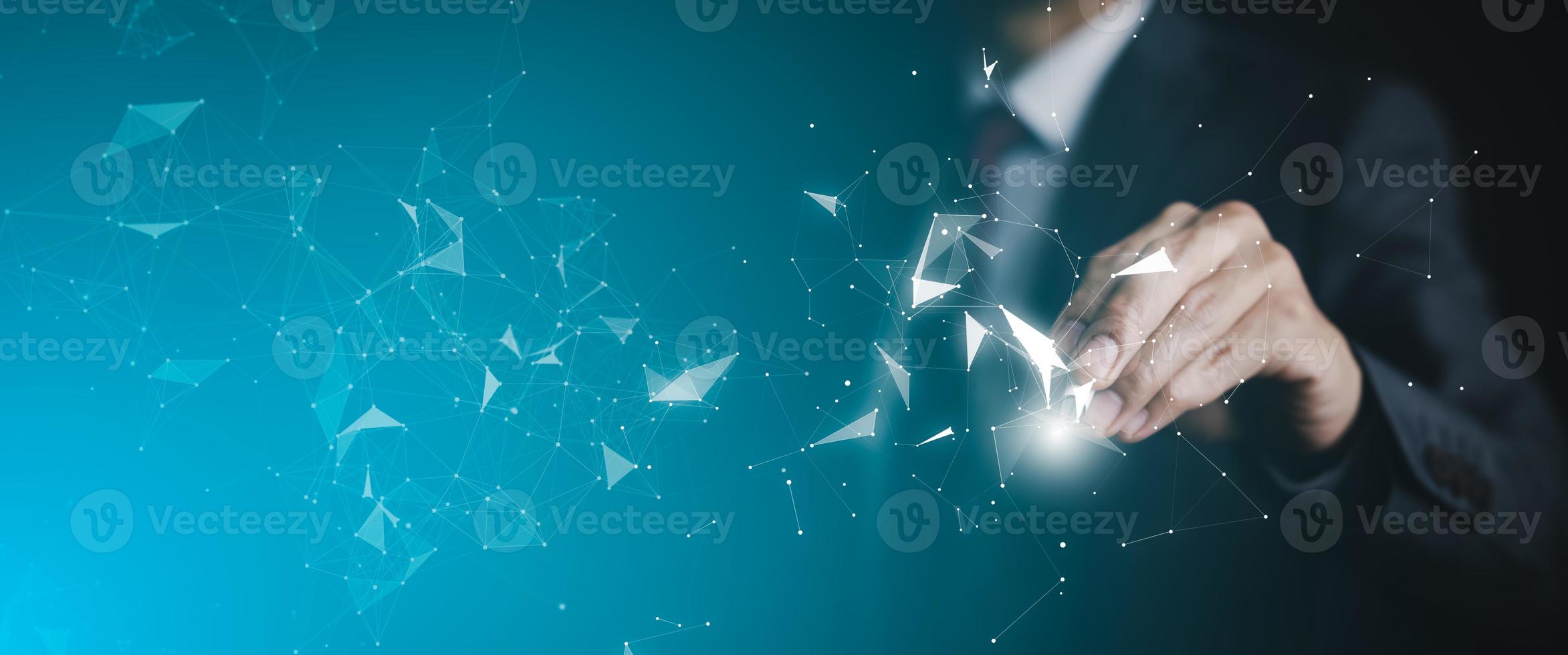 Digital transformation and metaverse universe concept, Businessman hand touching of digital data network transformation for next-generation technology, Creativity, the concept of ideas and innovation. photo