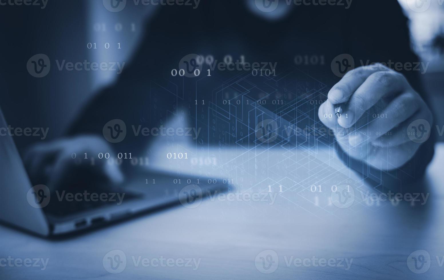 Businessman hand touch with Code html and programming on screen laptop,Programmer development Computer code,web design  coding technology in software, digital software technology development, IoT photo