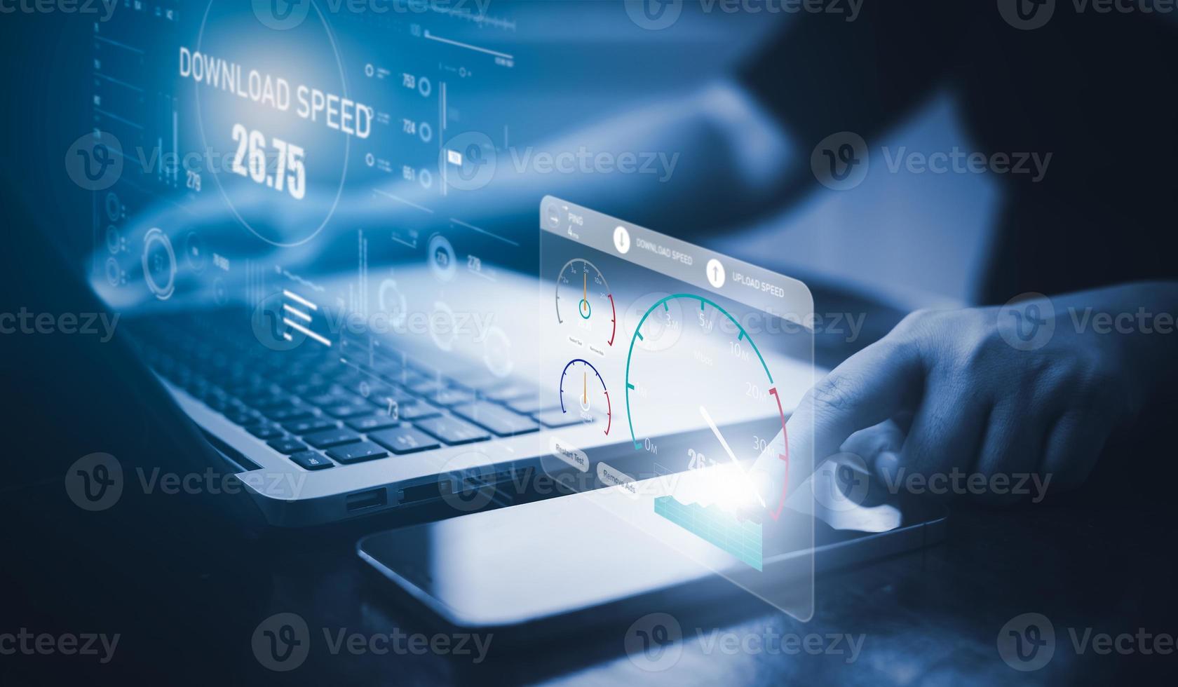 Fast internet connection with Metaverse technology concept, Hand holding smartphone and Virtual screen of Internet speed measurement,Internet and technology concept, 5G,6G Hi speed internet concept photo