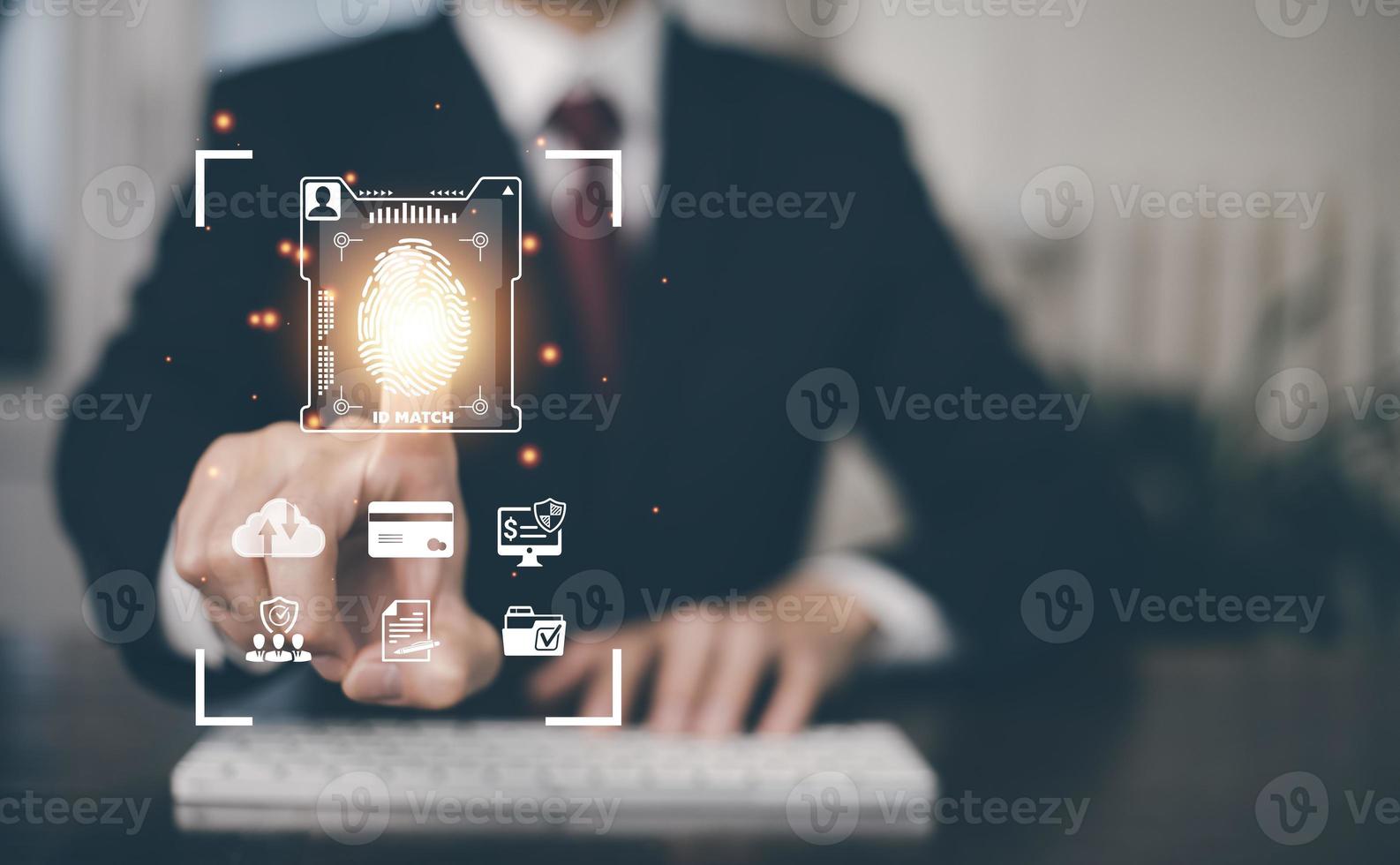 Man touch fingerprint with virtual global with cyber security, login, User, identification information cyber security and encryption, secure access to users personal information, secure Internet photo