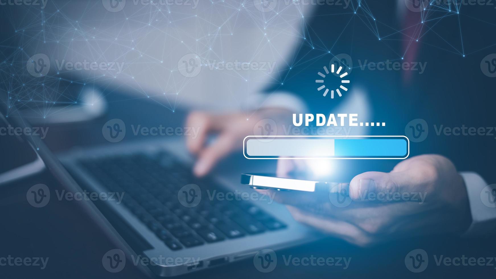 Hand touch bar of Update Software Computer Program Upgrade Business Technology Internet, Update on virtual screen. Internet and technology concept, loading bar with installing the update. photo
