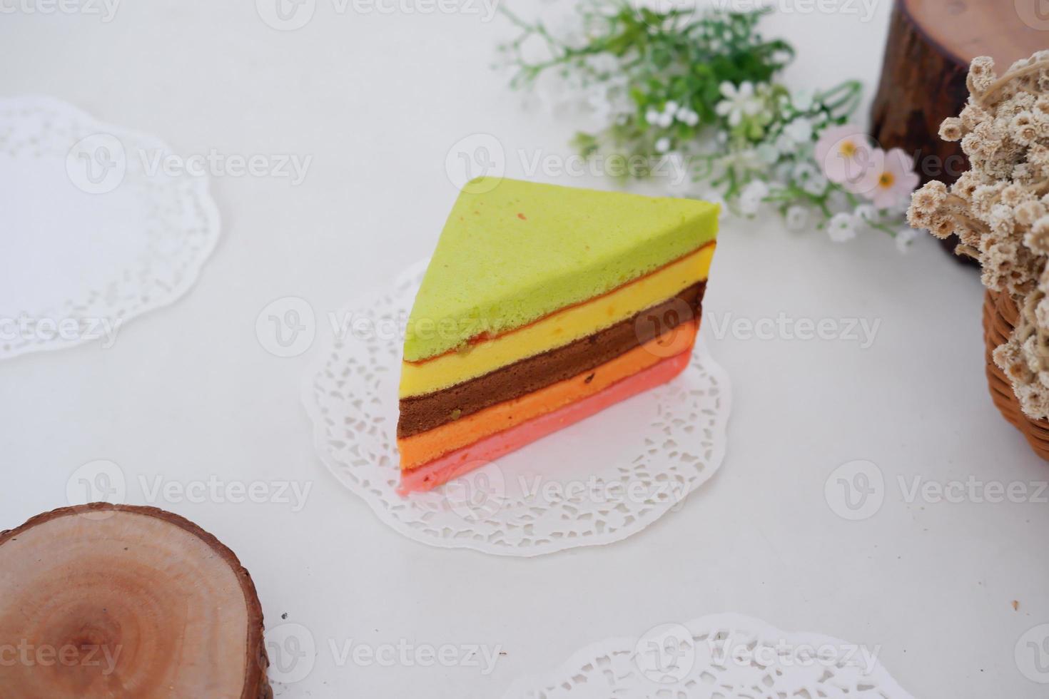 delicious rainbow cake slice as a background photo