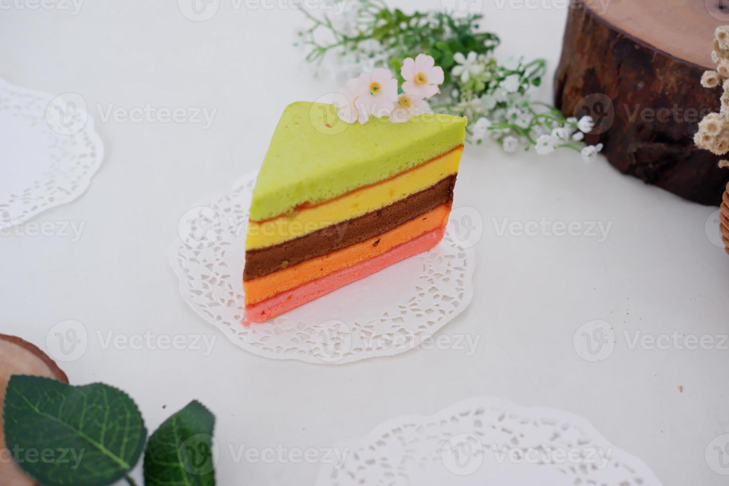 delicious rainbow cake slice as a background photo