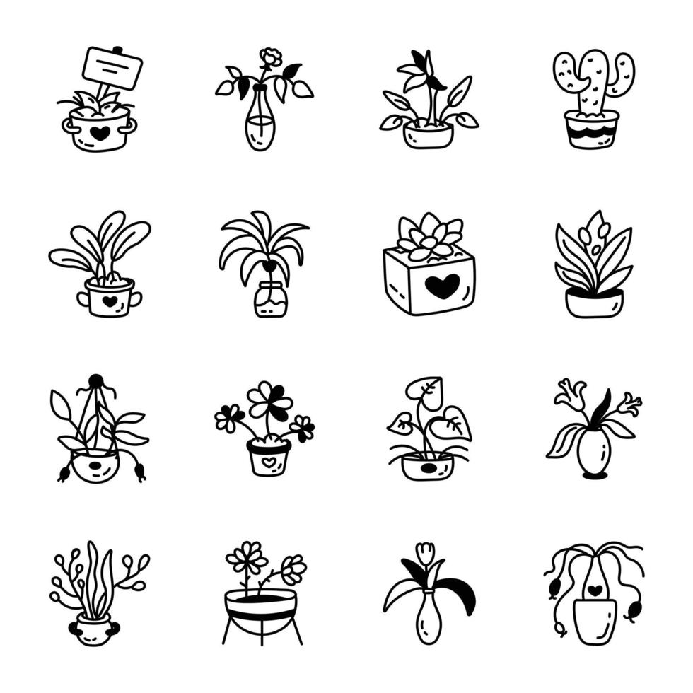 Collection of Decorative Pots Hand Drawn Icons vector