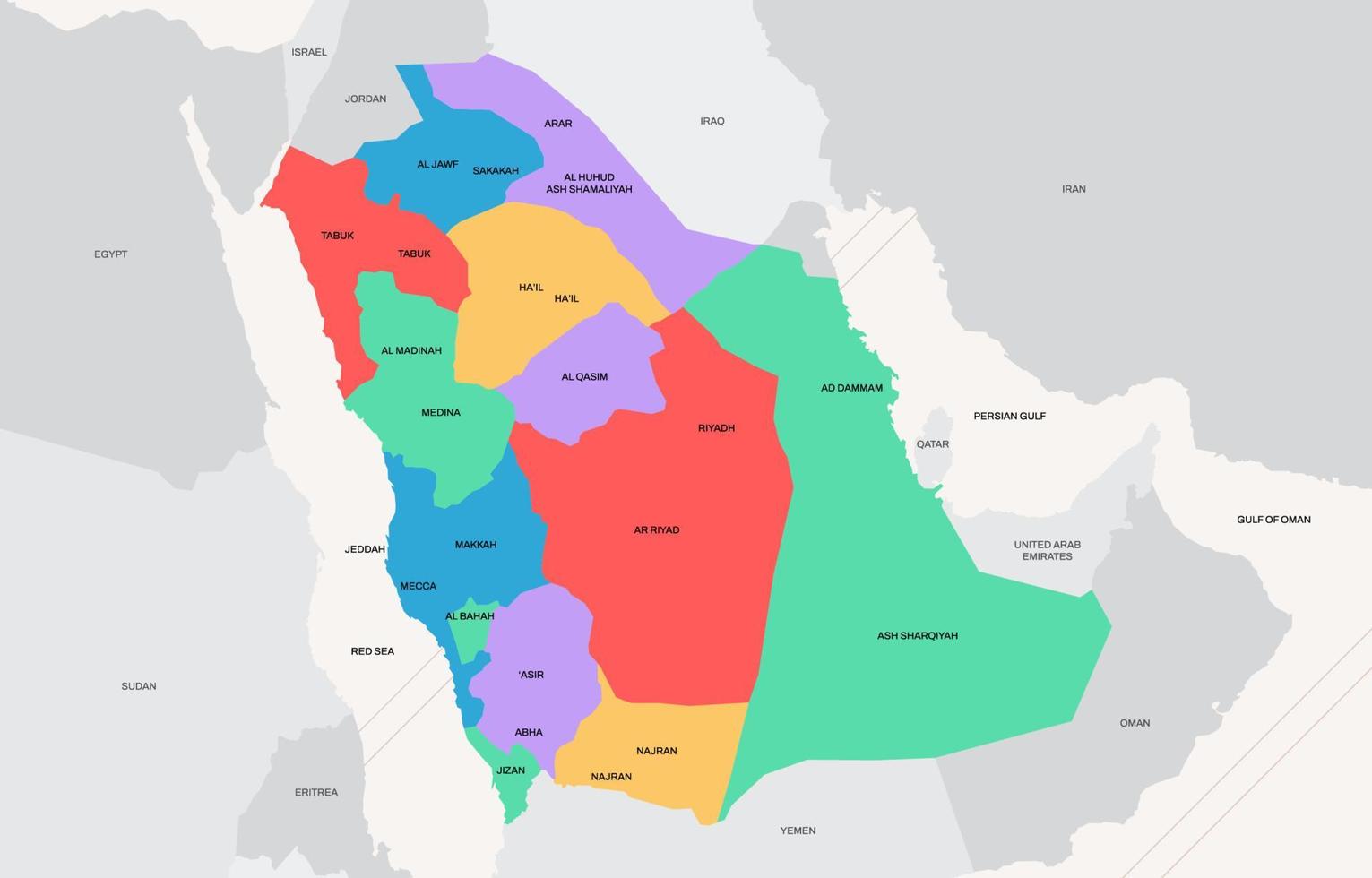saudi arabia país mapa con ciudad nombres vector