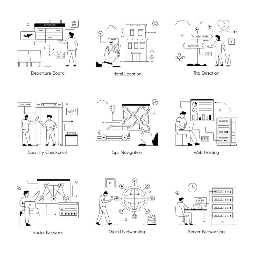 Travel and Web Hosting Linear Illustrations vector