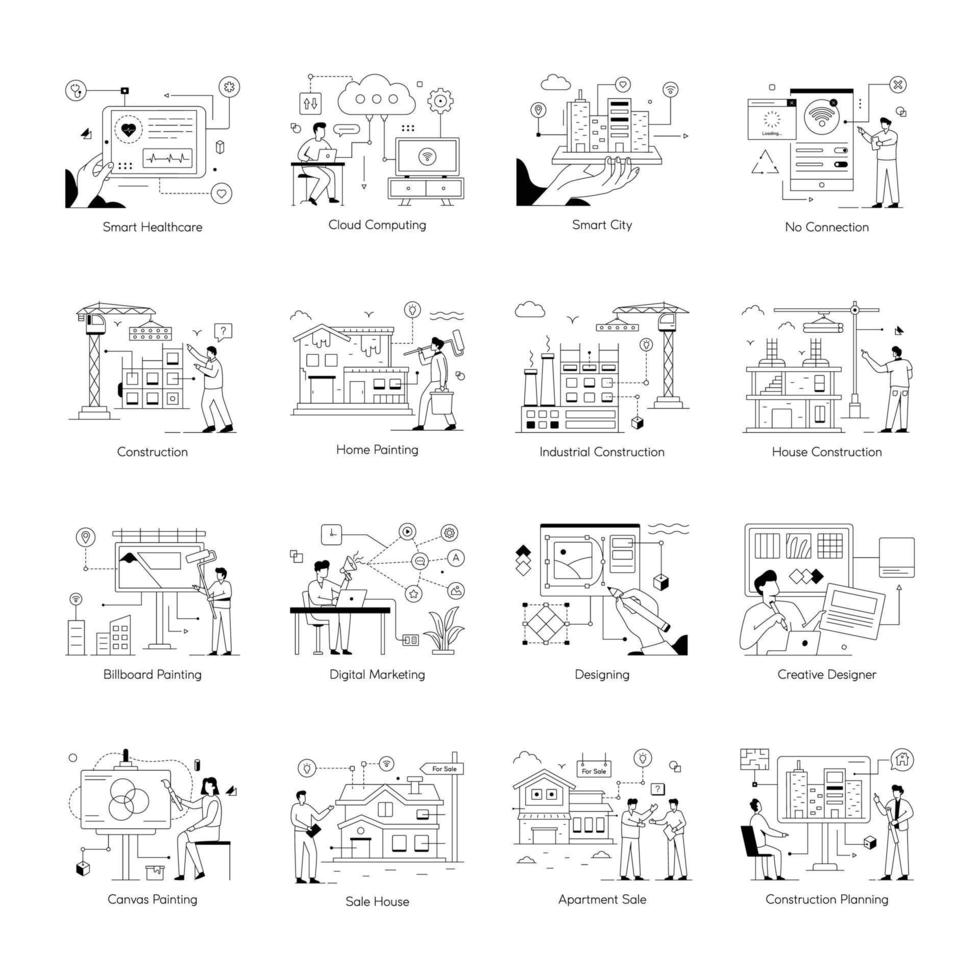 Technology and Construction Linear Illustrations vector