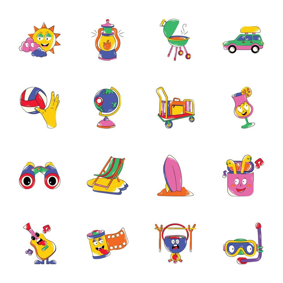 divertido al aire libre ocupaciones pegatinas colección en plano estilo vector