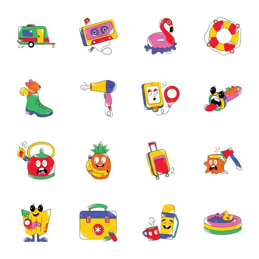 Bundle of 16 Travel Equipment Flat Stickers vector