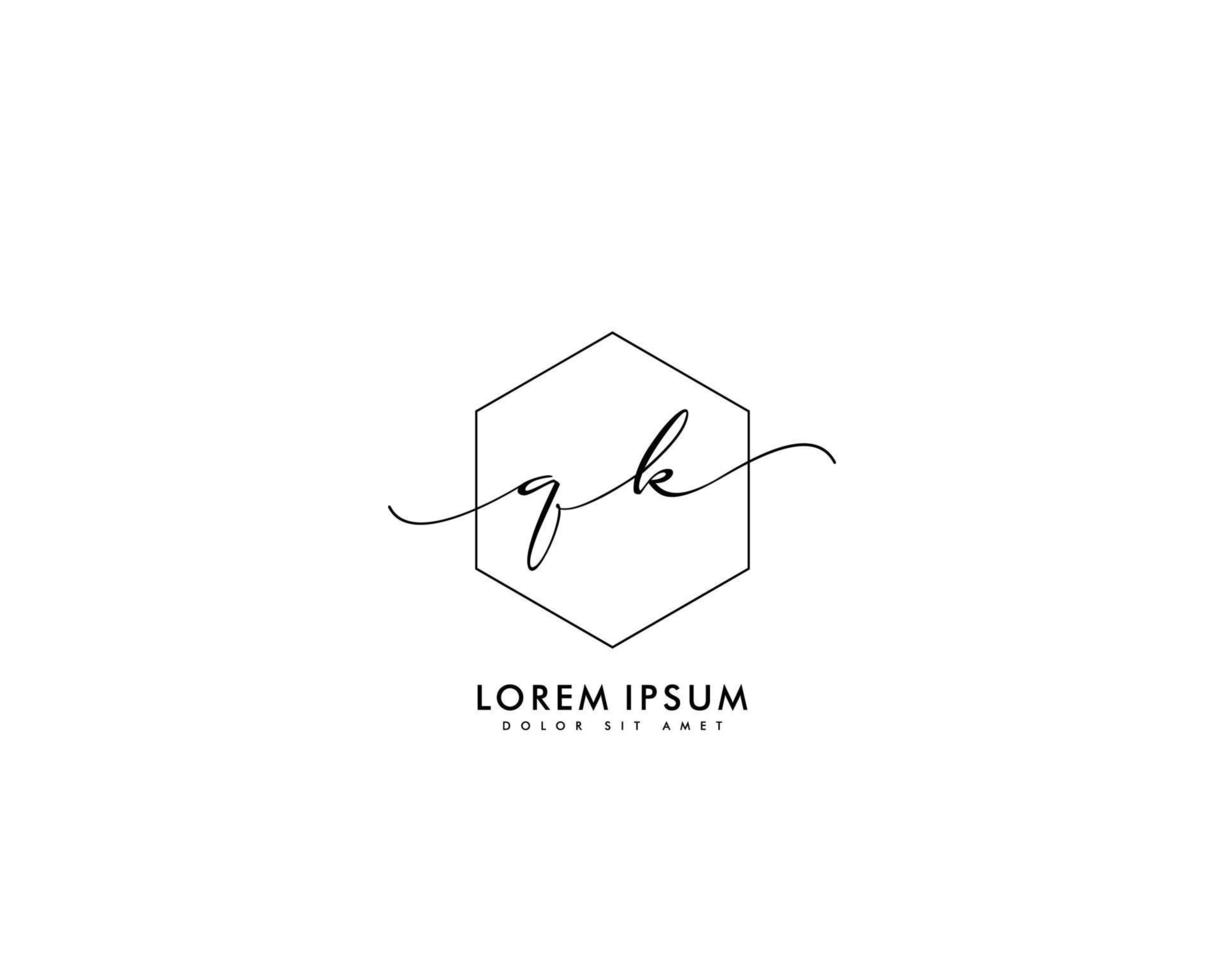 Initial letter QK Feminine logo beauty monogram and elegant logo design, handwriting logo of initial signature, wedding, fashion, floral and botanical with creative template vector