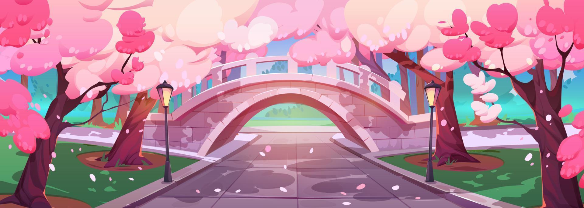 urbano parque carril con puente, floreciente sakura arboles vector