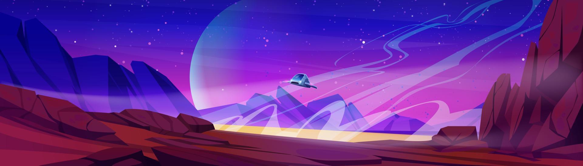 Futuristic spaceship landing at alien planet vector