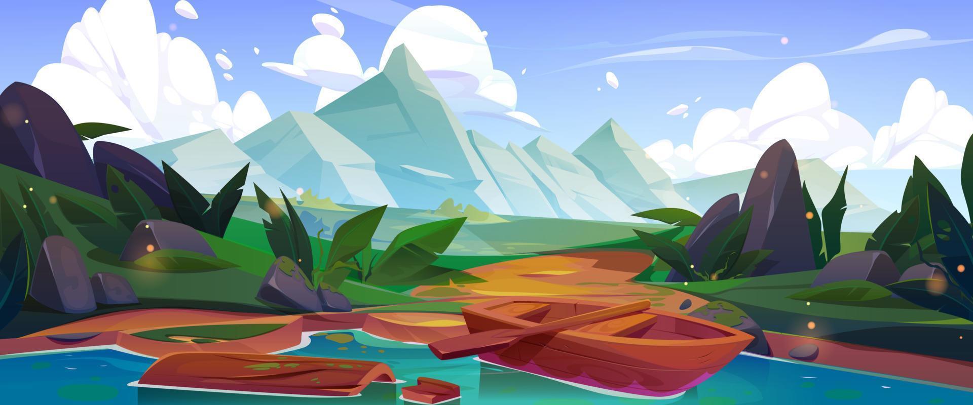 Mountain valley scene with lake and boat vector