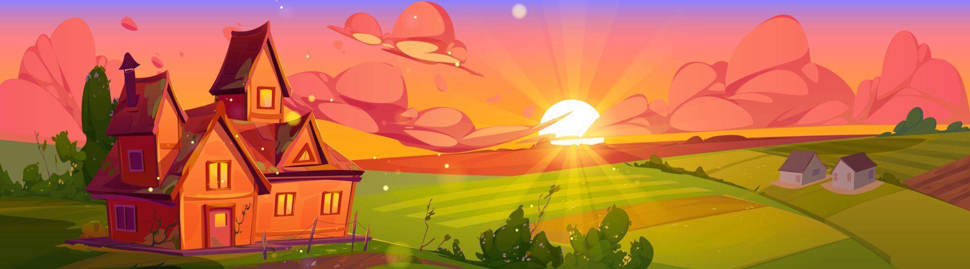 Summer countryside house, morning farm fields vector
