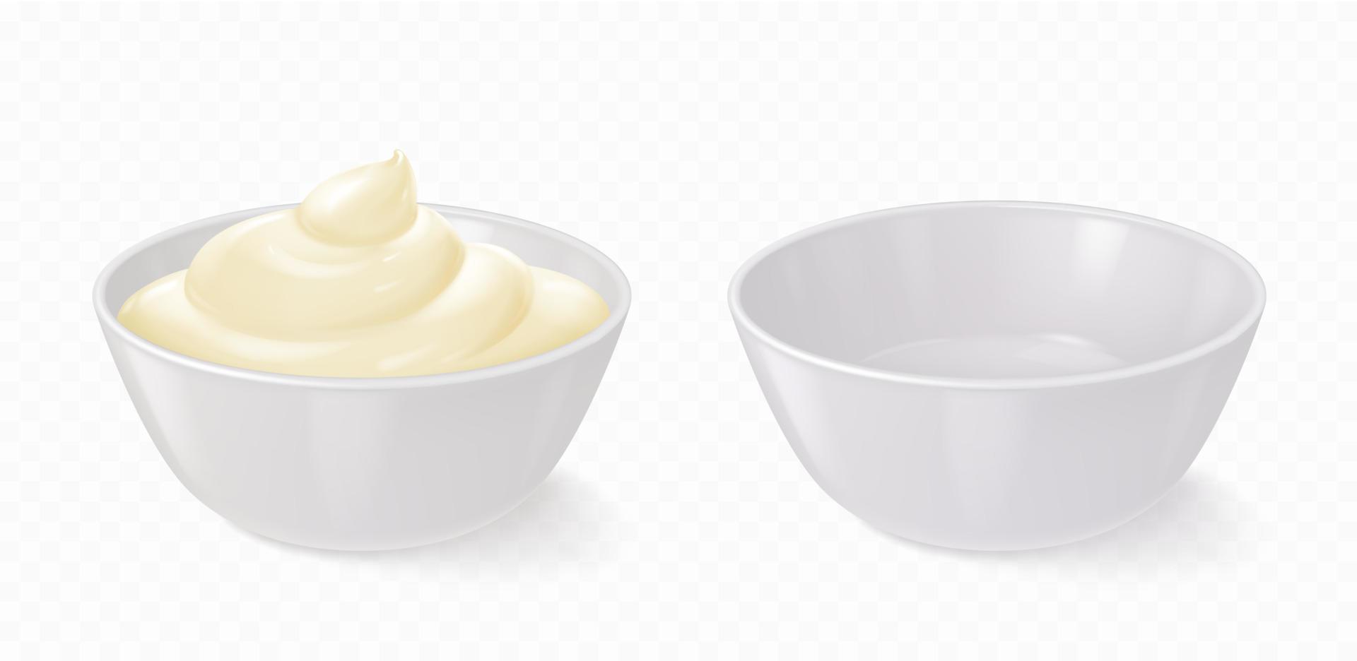 White bowl with mayonnaise, cheese sauce, yogurt vector