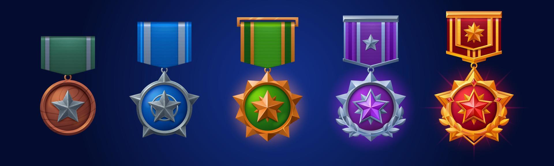 Military medals, army badges with star and ribbon vector