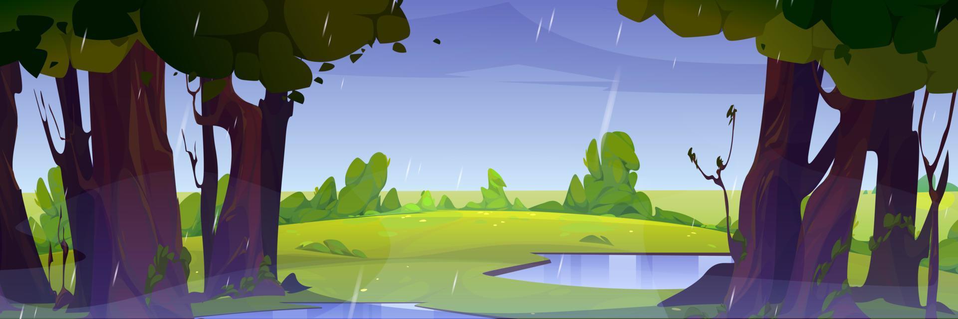 Rain in summer forest, wild green nature landscape vector