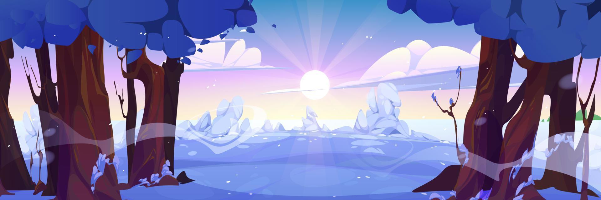 Beautiful winter forest landscape, sun on horizon vector