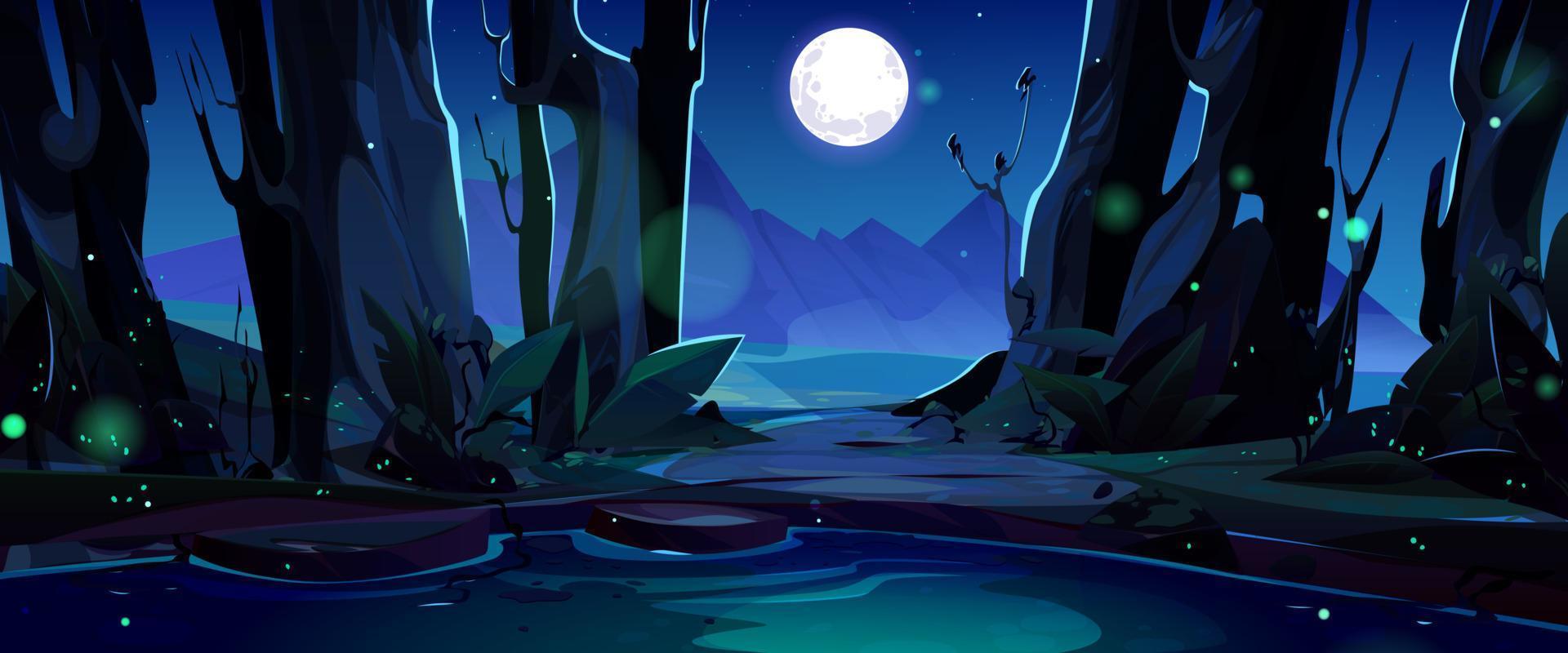 Mountain night valley scene with lake under moon vector