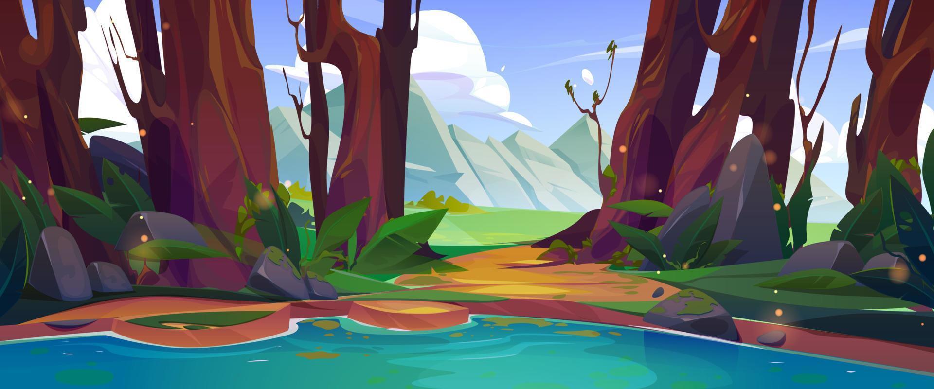 Mountain valley scene with lake and floating log vector