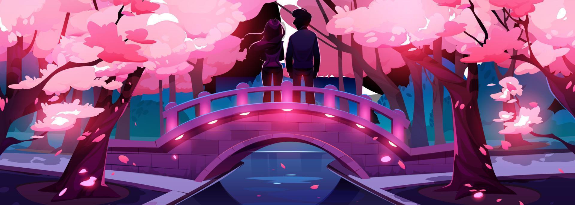 Love couple on bridge in night park with sakura vector