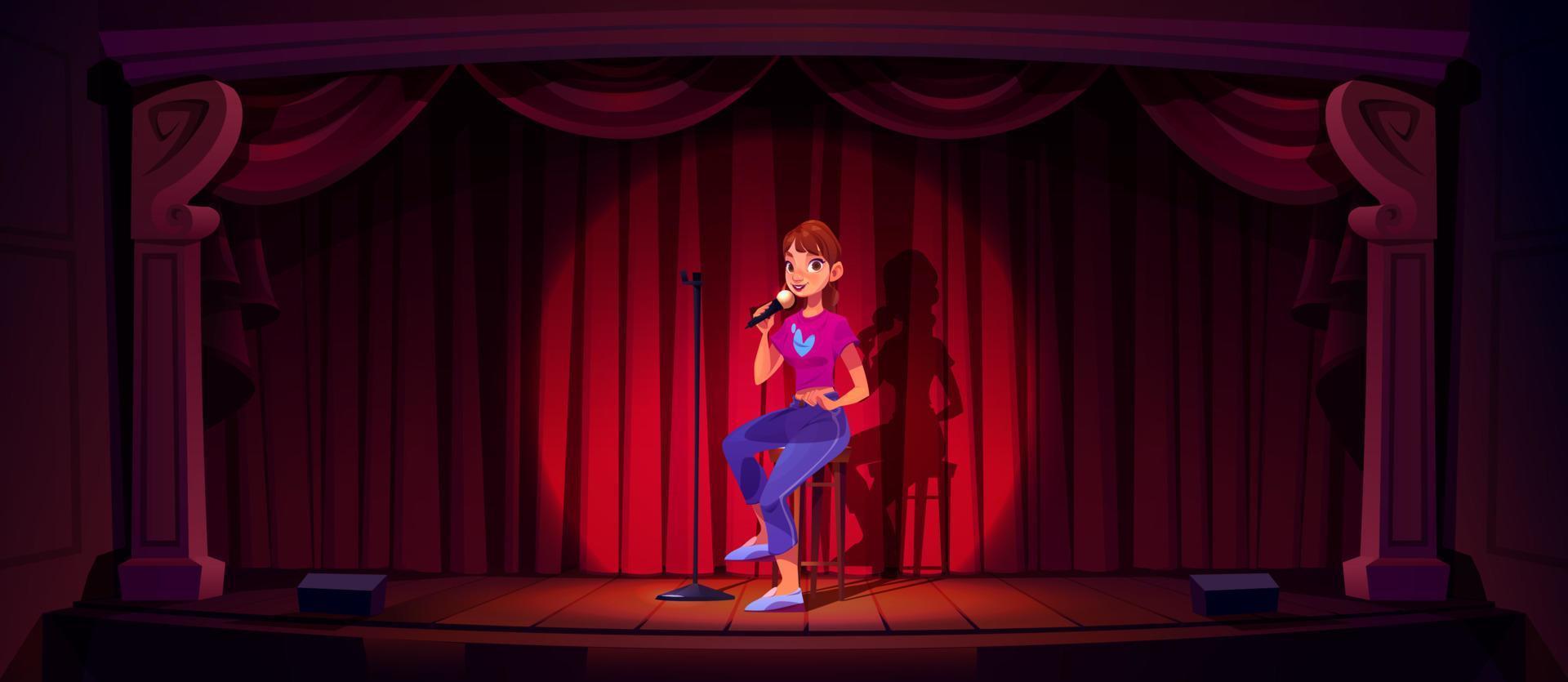 Comedian girl with mic on stage vector