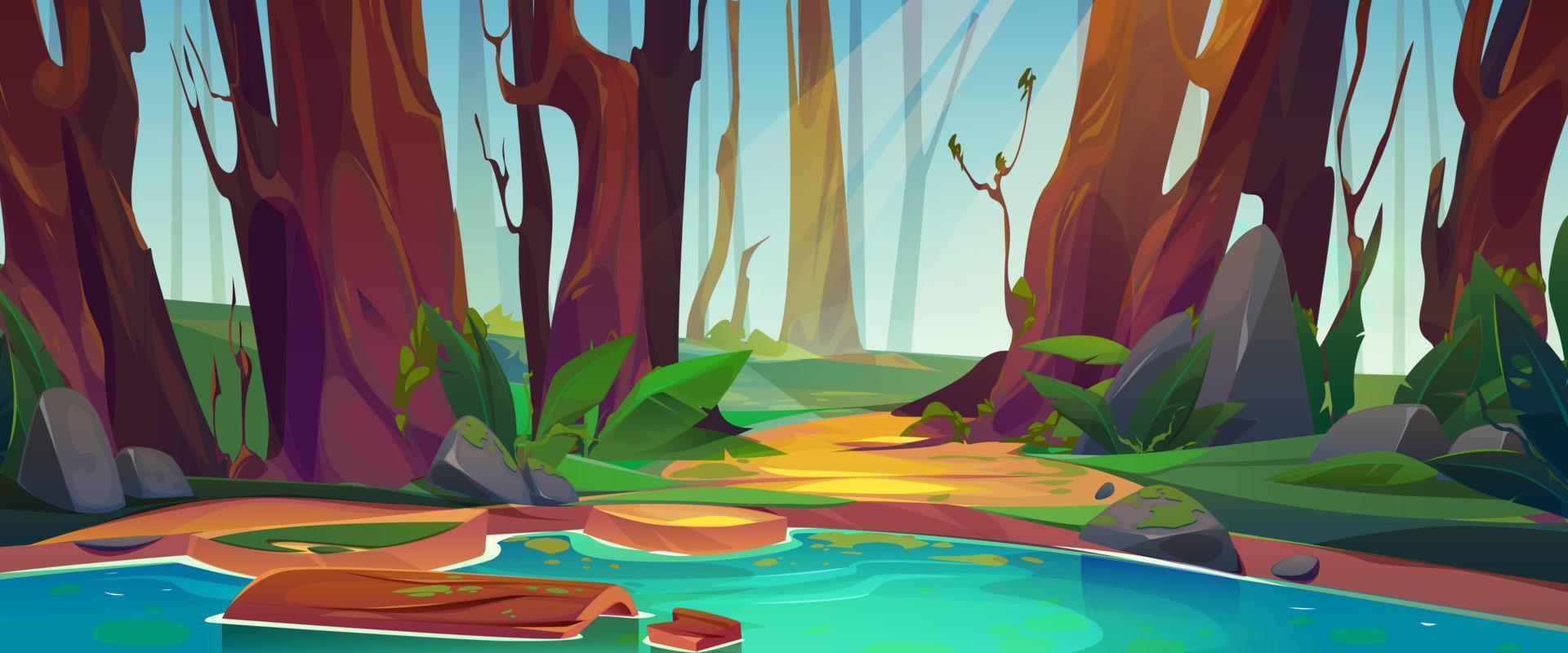 Cartoon tropical forest landscape, ancient trees vector