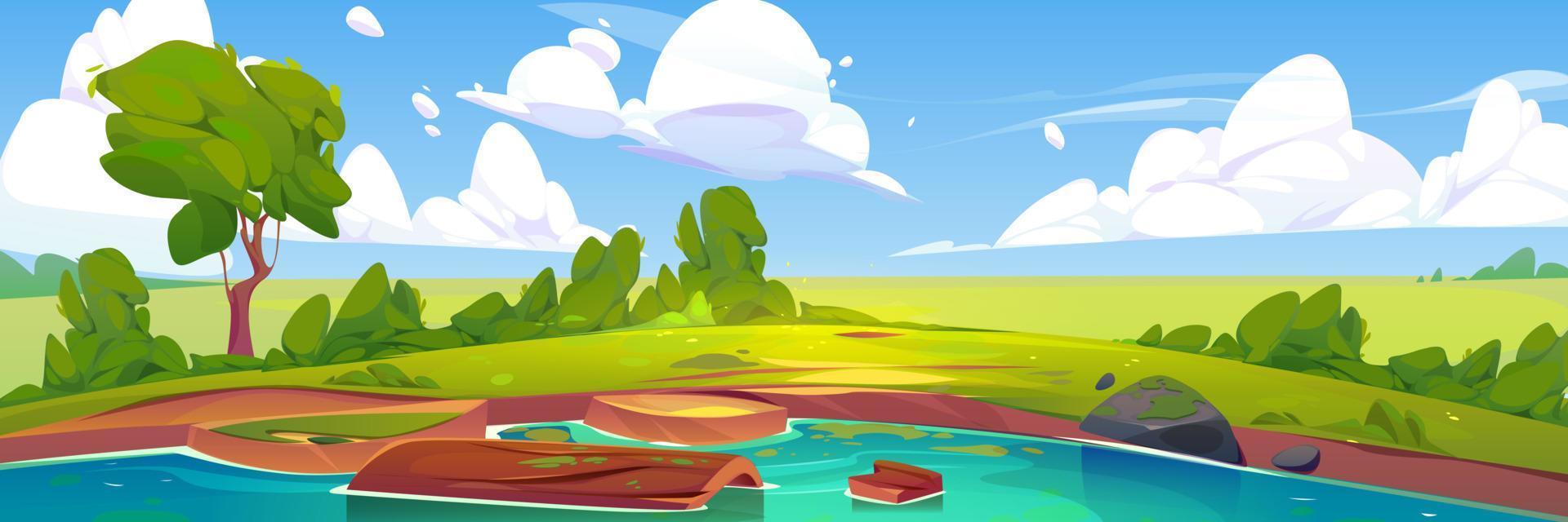 Nature scene with lake, green trees, grass vector