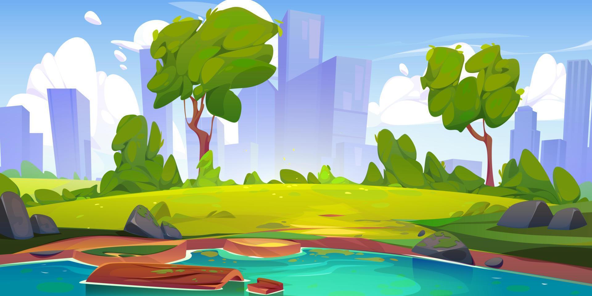 Summer park with lake in big city vector