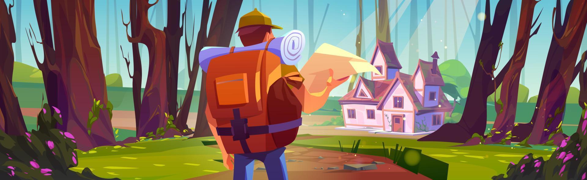 Hiker with backpack and map in forest with house vector