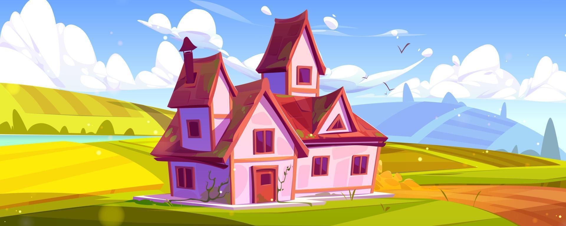 Summer countryside house, farm buildings, field vector