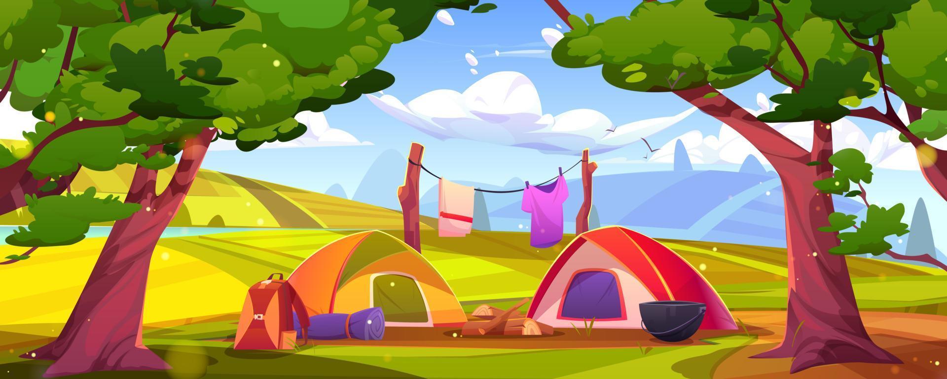 Summer camping scene with tents, hills and forest vector