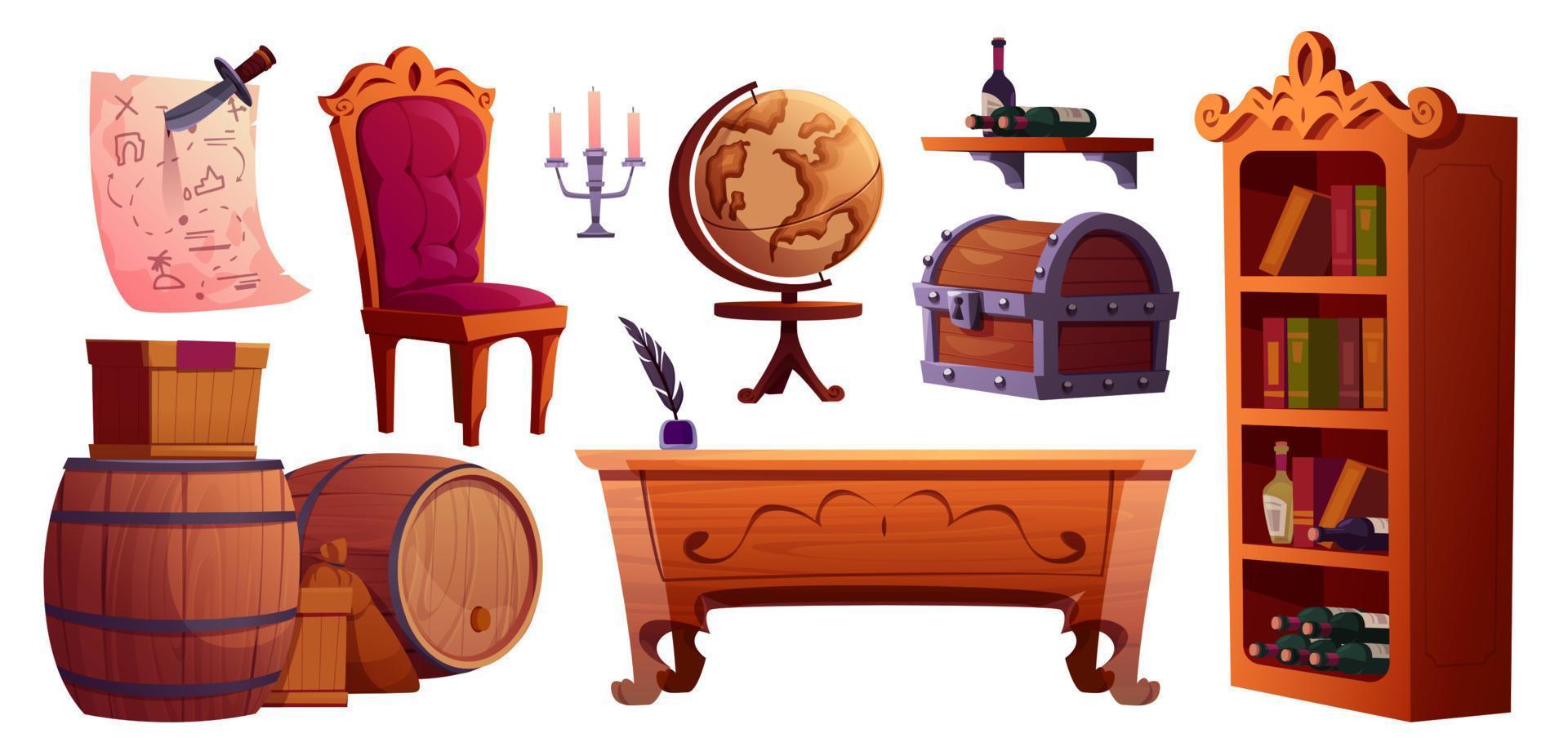 dibujos animados conjunto de pirata cabina mueble en blanco vector