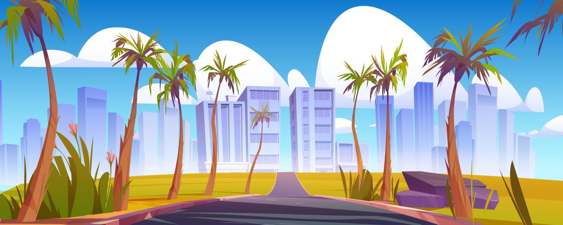 Car road to city with palm trees vector