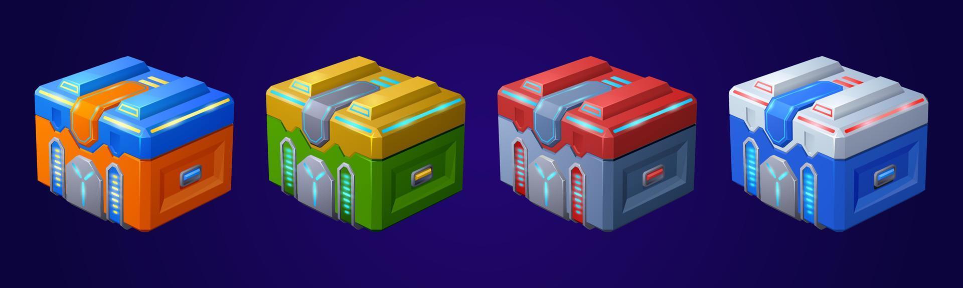 Game futuristic boxes, future technology chests vector