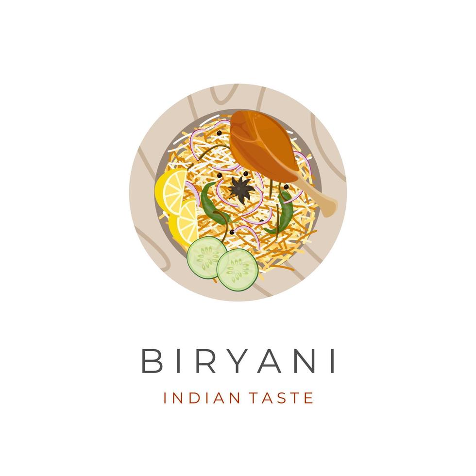 Vector Illustration Logo of Biryani Rice with Chicken Legs and Served on a Wooden Plate