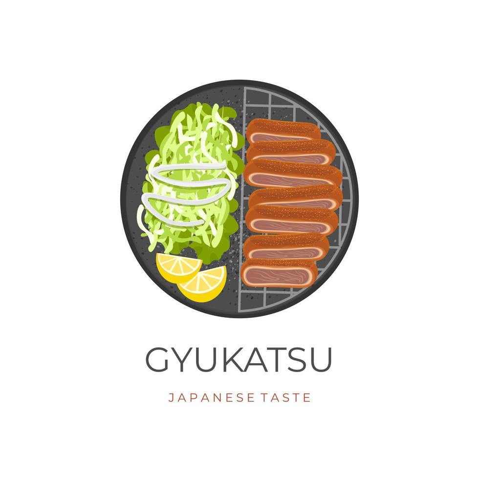 vector ilustración logo de gyu katsu o carne de vaca katsu en un parrilla maceta servido con Fresco repollo y limón