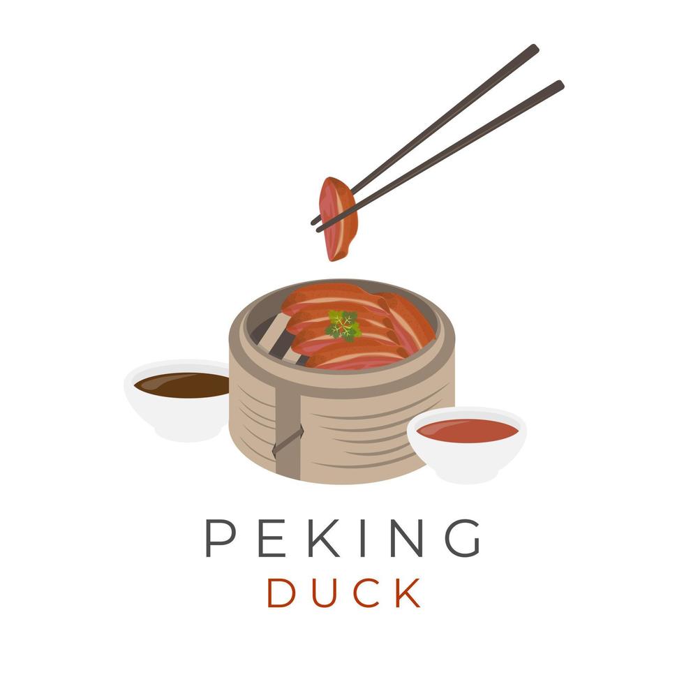 Chinese Peking Duck Vector Illustration Logo With Sauce And Eaten With Chopsticks