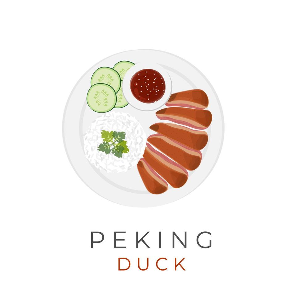 Chinese Peking Duck Vector Illustration Logo Served On A Plate With Rice