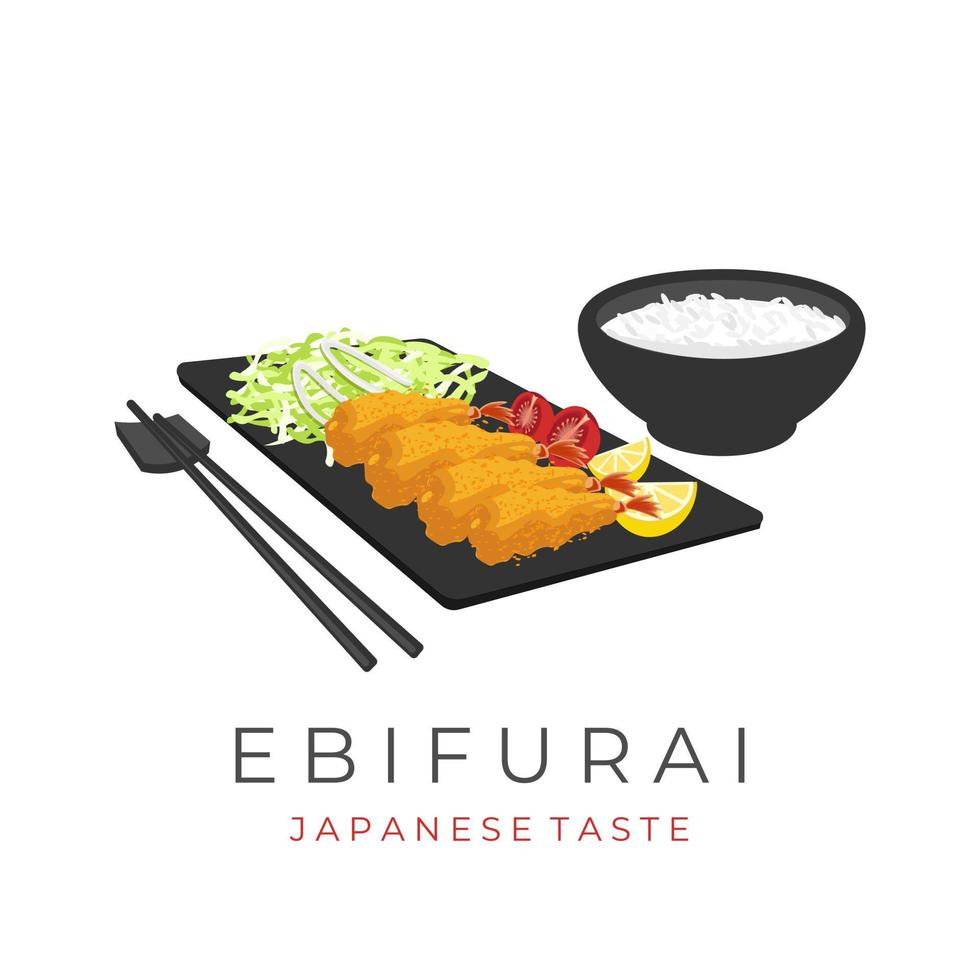 Japanese Ebi Furai Illustration Logo Ready To Eat And Served With Rice vector