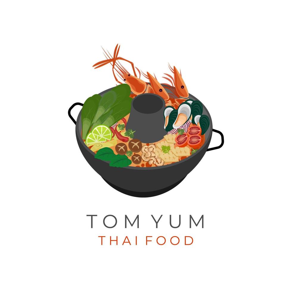 Tom Yum Vector Illustration Logo Thai Food Served On A Steam boat Frying Pan
