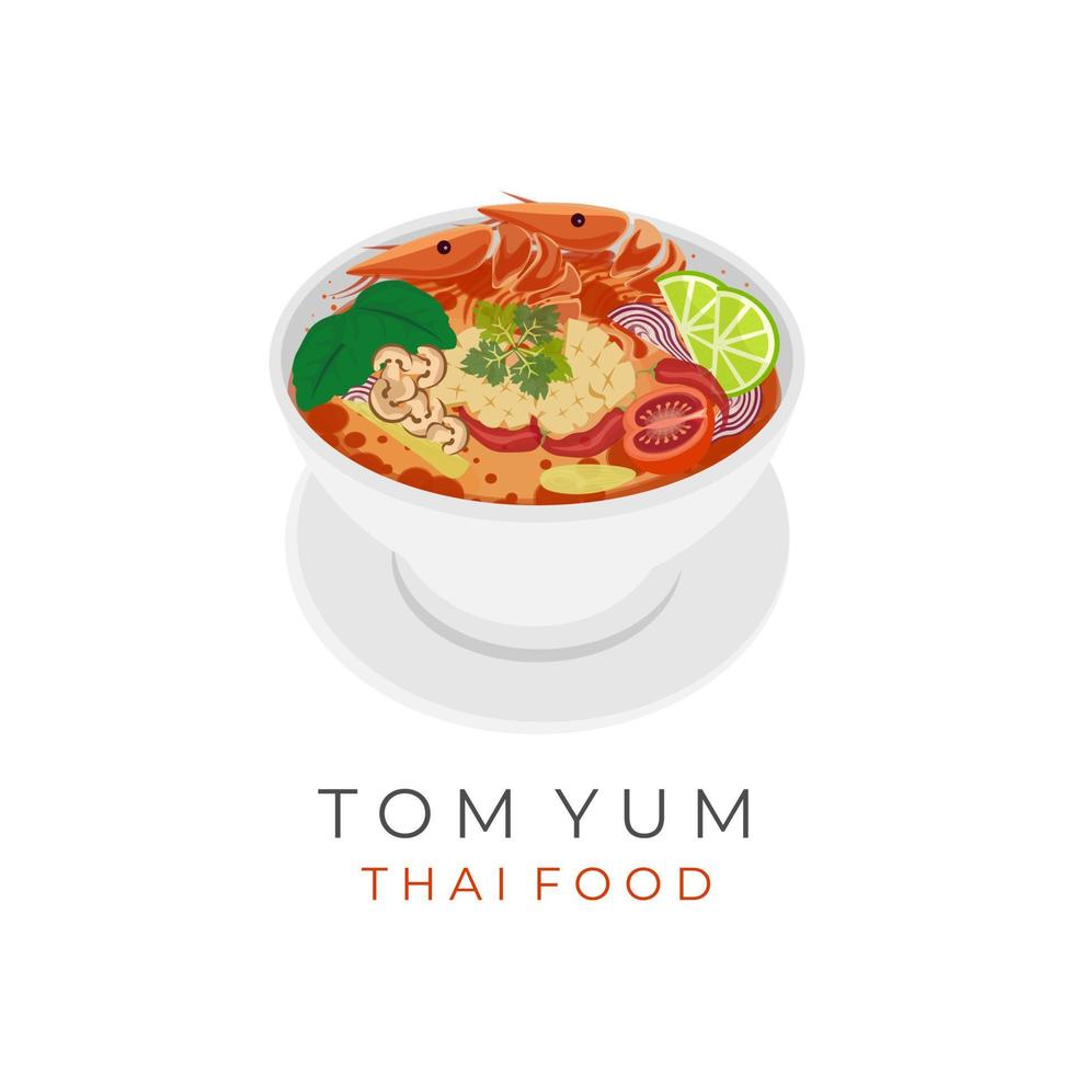 tailandés comida tom ñam sopa vector ilustración logo con Mariscos Relleno y Fresco picante salsa en un blanco cuenco