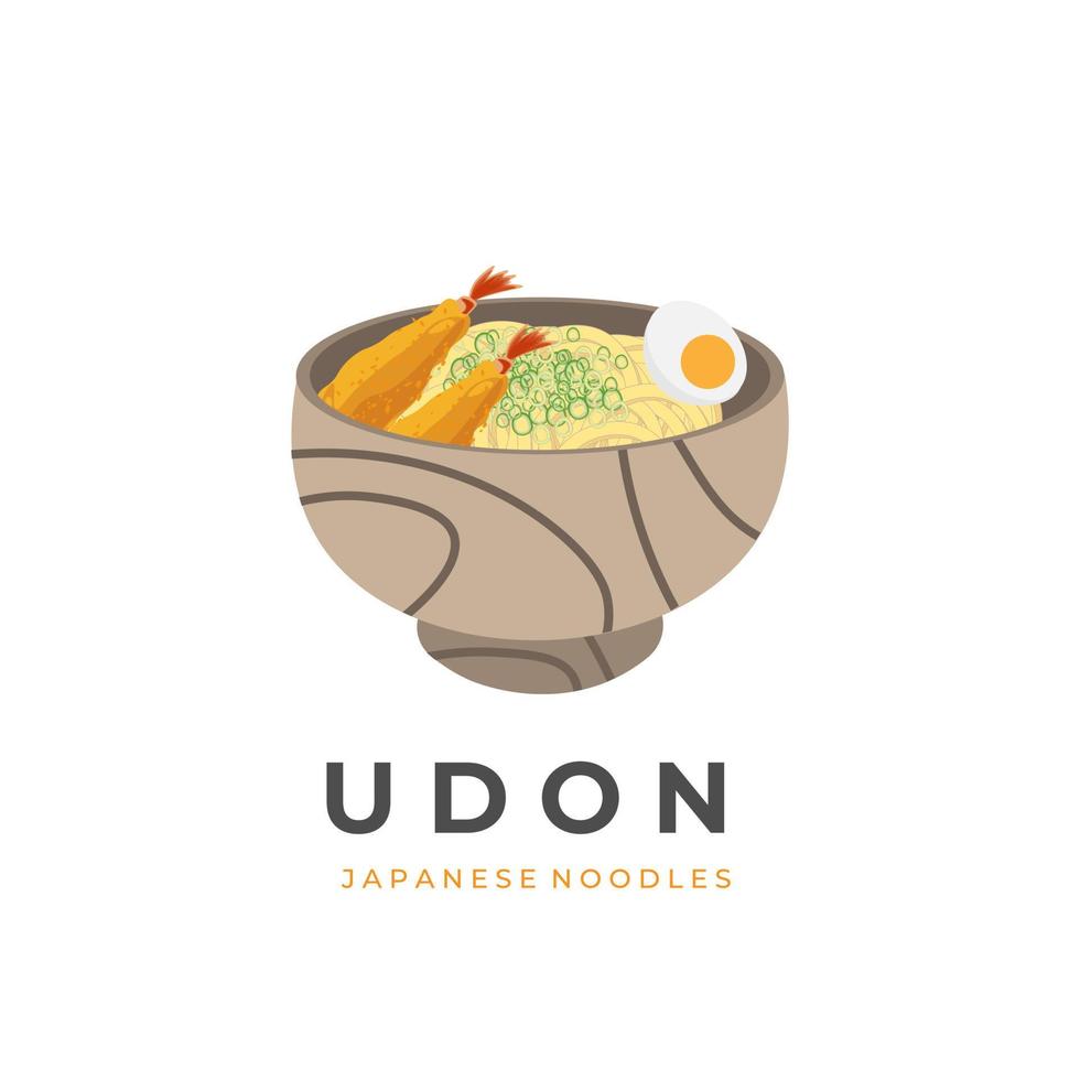 Traditional Japanese Udon Soup Vector Illustration Logo With Egg And Shrimp Tempura In A Wooden Bowl