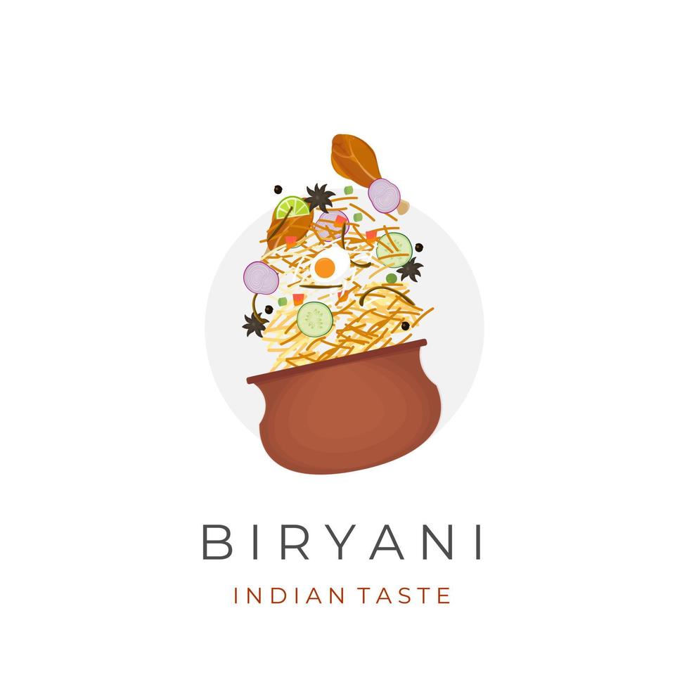 Biryani arroz vector ilustración logo con completar lado platos servido en un indio maceta