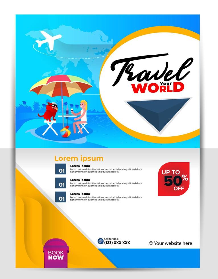 Modern company tours travel flyer design. Summer Holiday Tourism Brochure Template. Flyer Design Set with Beach View. tourism color a4 print ready tour flyer, Holiday Poster. World Adventure template. vector